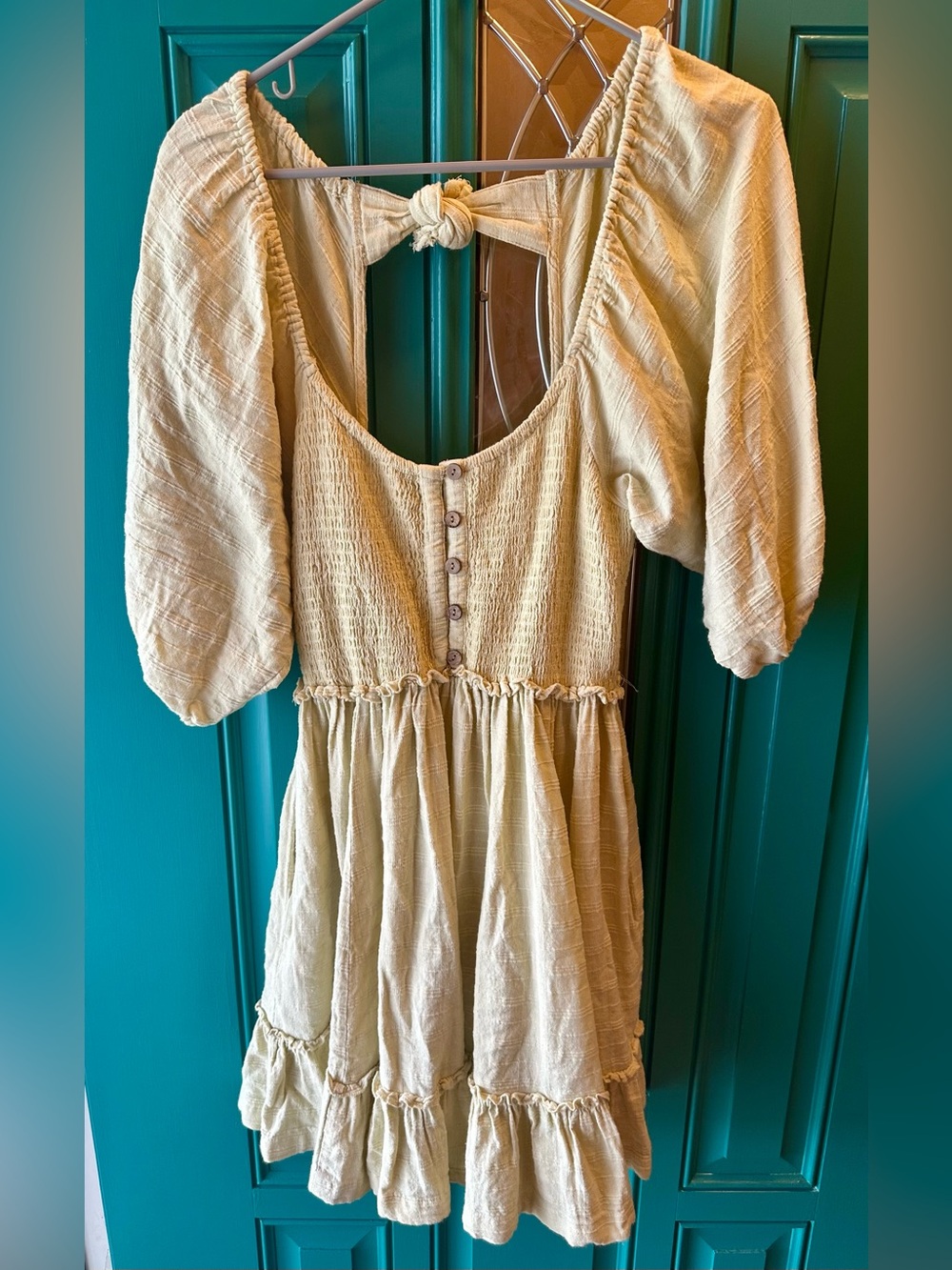 Free People Summer Picnic Mini Dress Smocked Back Tie Puff Sleeve Yellow XS